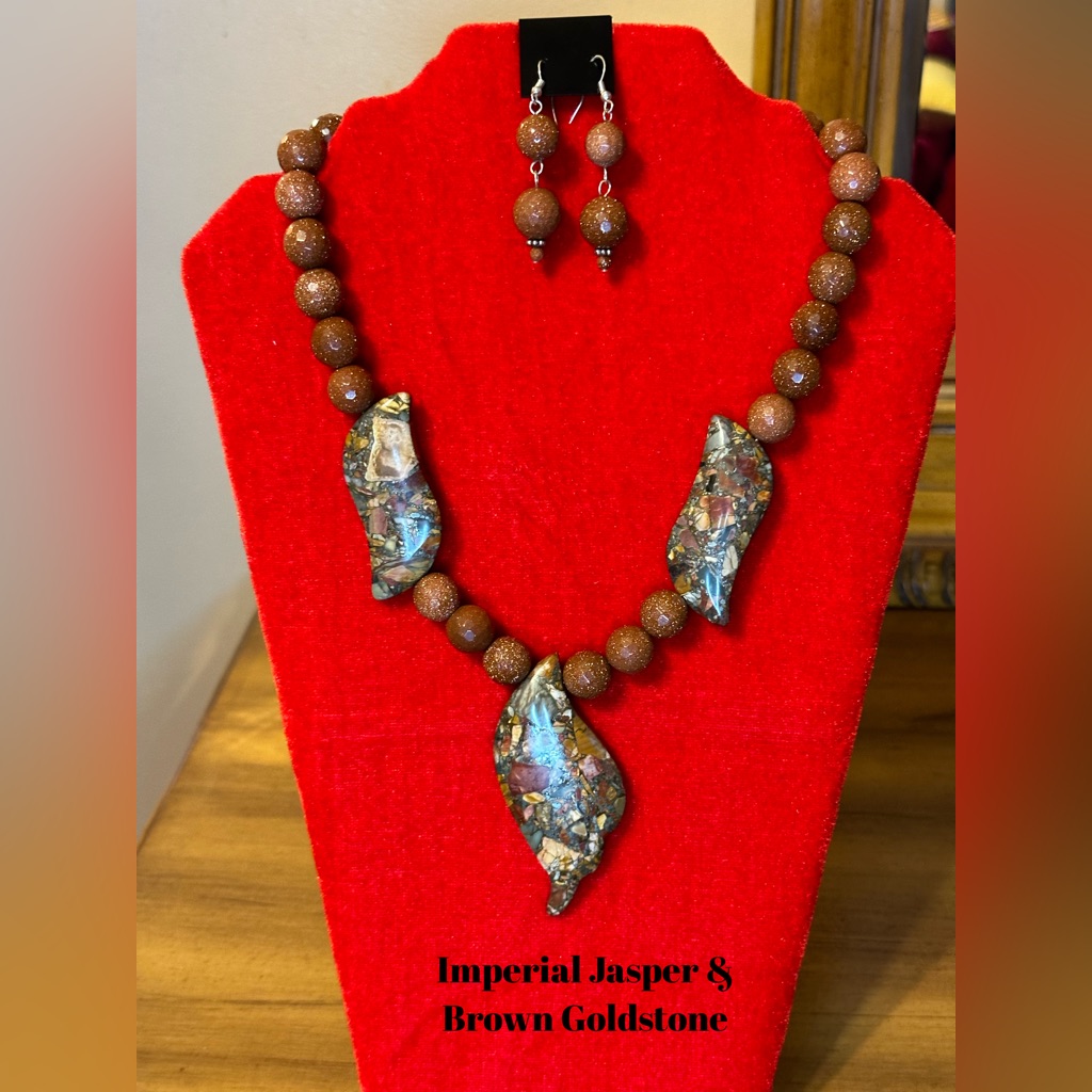 2pc Handcrafted Gemstone Imperial Jasper & Brown Goldstone Necklace Set.